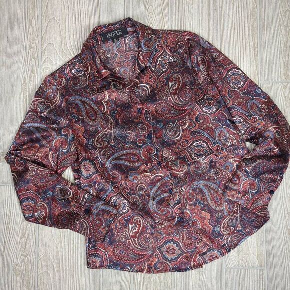 Kasper Womens Size 6P Button Front Shirt Red Blue Paisley Print Long Sleeve - Picture 6 of 10